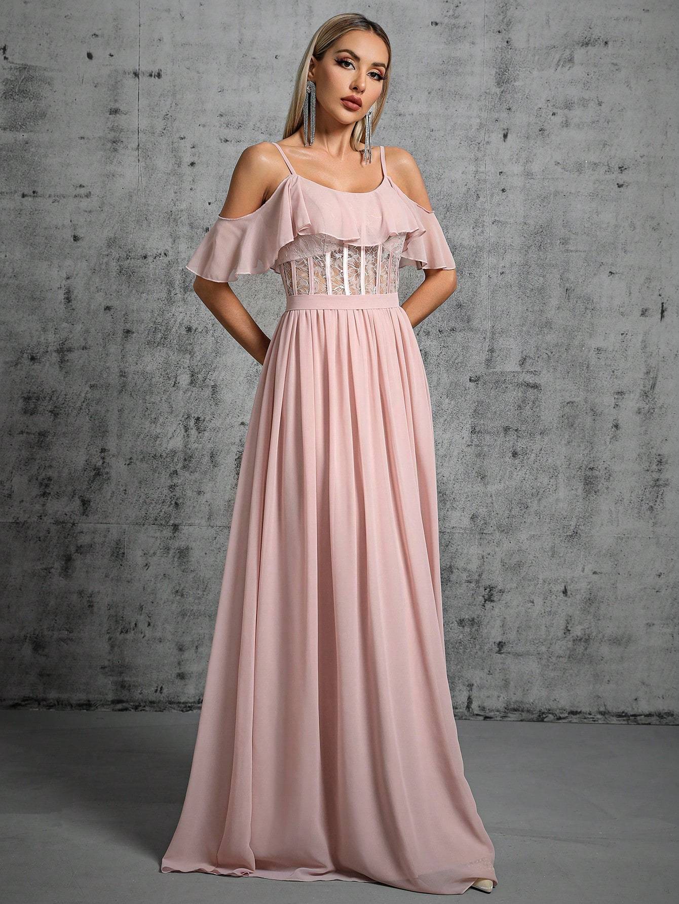 Leely Women's Elegant Spaghetti Strap Cold Shoulder Ruffle A-Line Dress