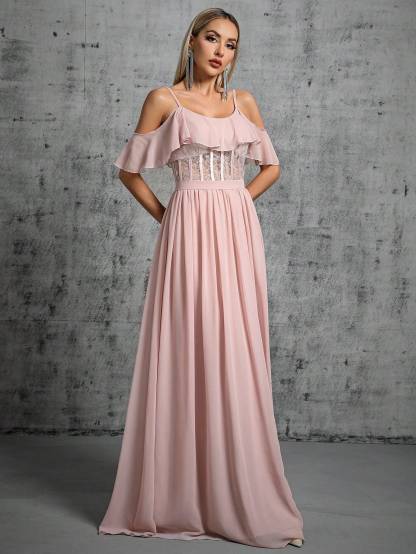 Leely Women's Elegant Spaghetti Strap Cold Shoulder Ruffle A-Line Dress