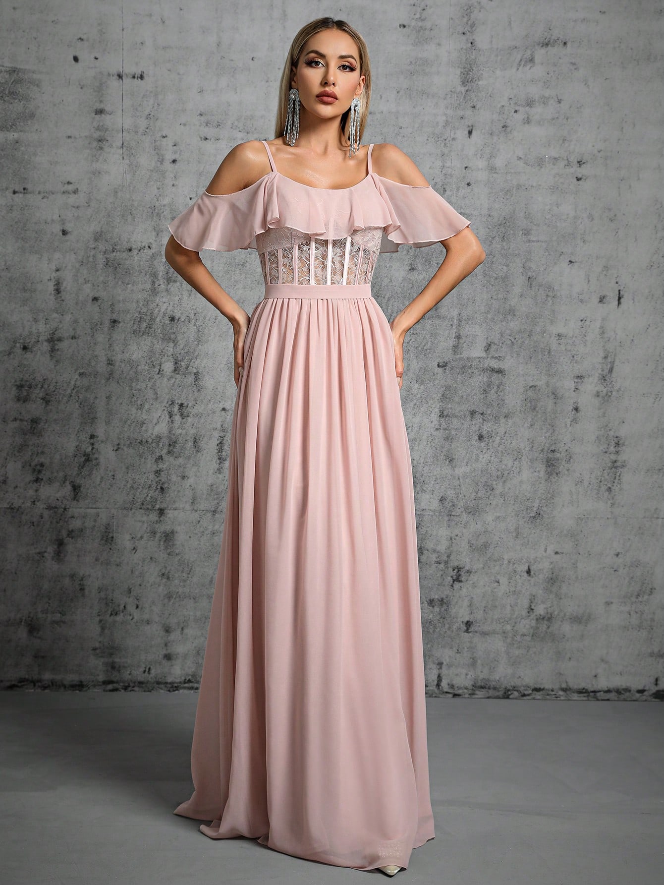 Leely Women's Elegant Spaghetti Strap Cold Shoulder Ruffle A-Line Dress