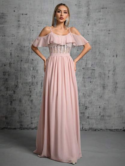 Leely Women's Elegant Spaghetti Strap Cold Shoulder Ruffle A-Line Dress