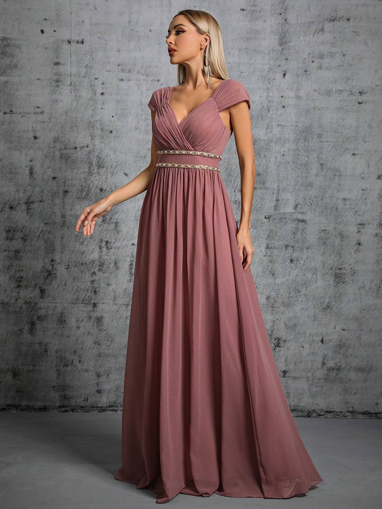 Leely Women's Elegant V Neck Cap Sleeve A-Line Dress