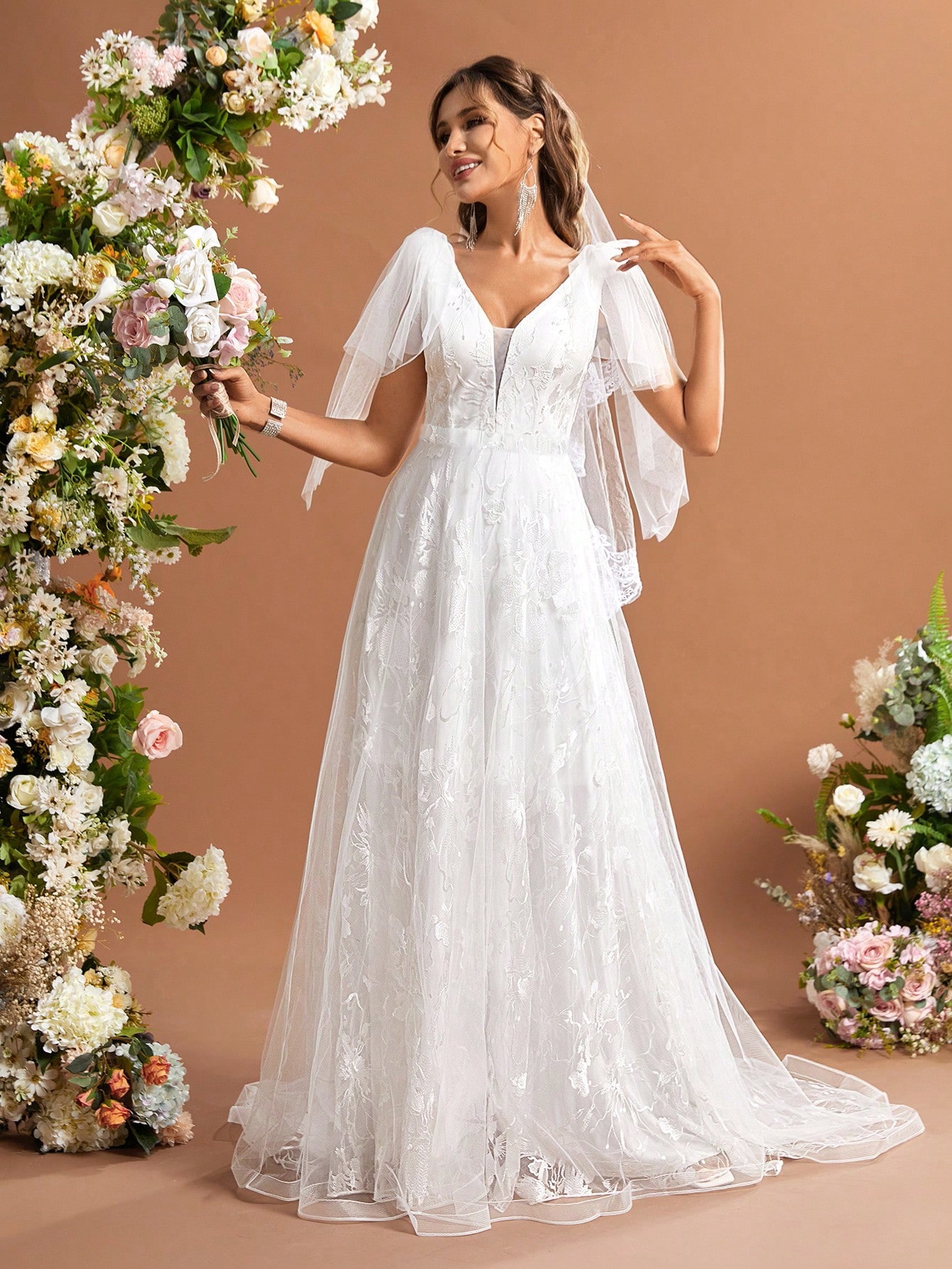 Leely Women's Elegant Sweetheart Cloak Sleeve Lace A-Line Dress