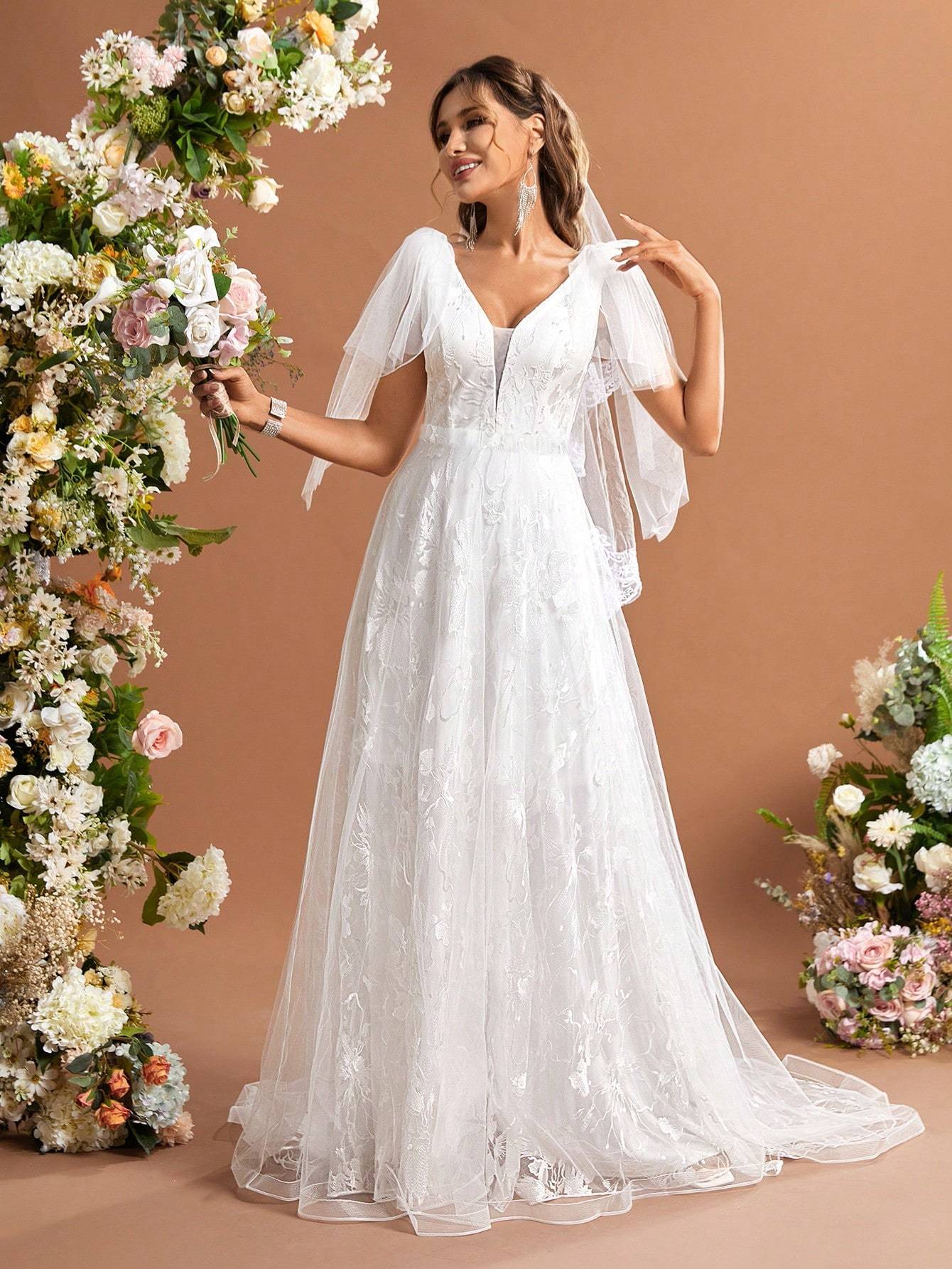 Leely Women's Elegant Sweetheart Cloak Sleeve Lace A-Line Dress