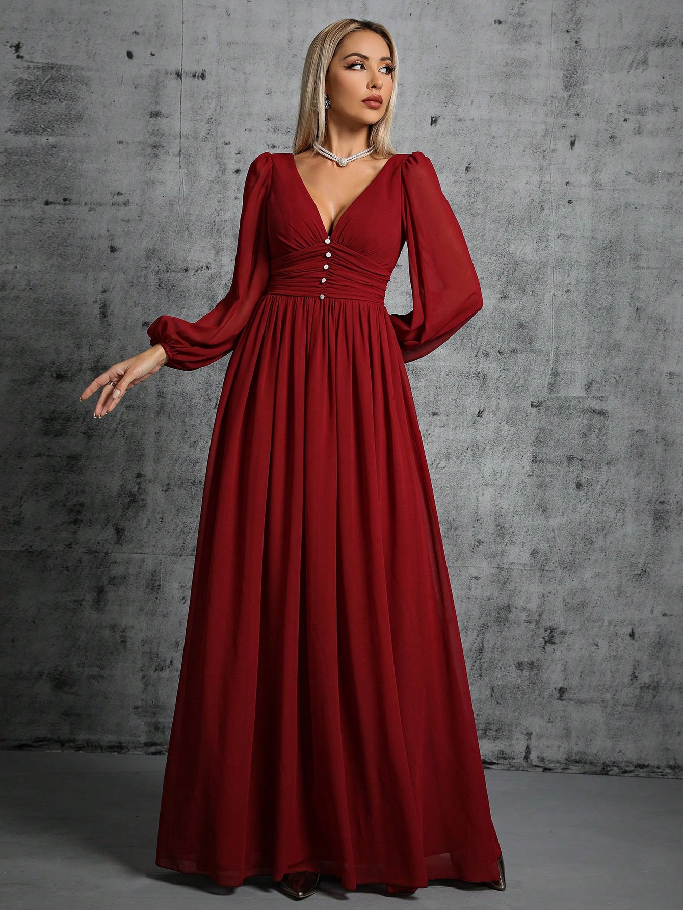 Leely Women's Elegant V Neck Bishop Sleeve A line Dress