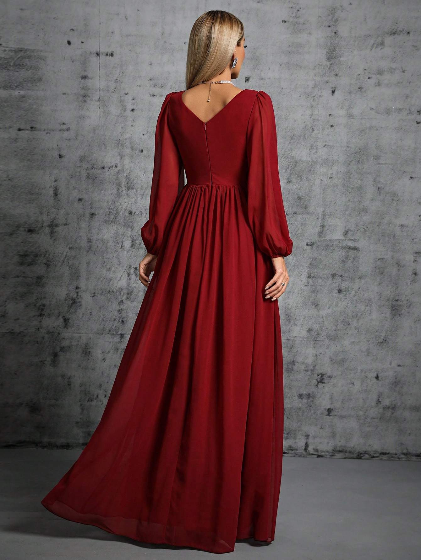 Leely Women's Elegant V Neck Bishop Sleeve A line Dress