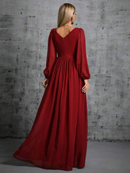 Leely Women's Elegant V Neck Bishop Sleeve A line Dress