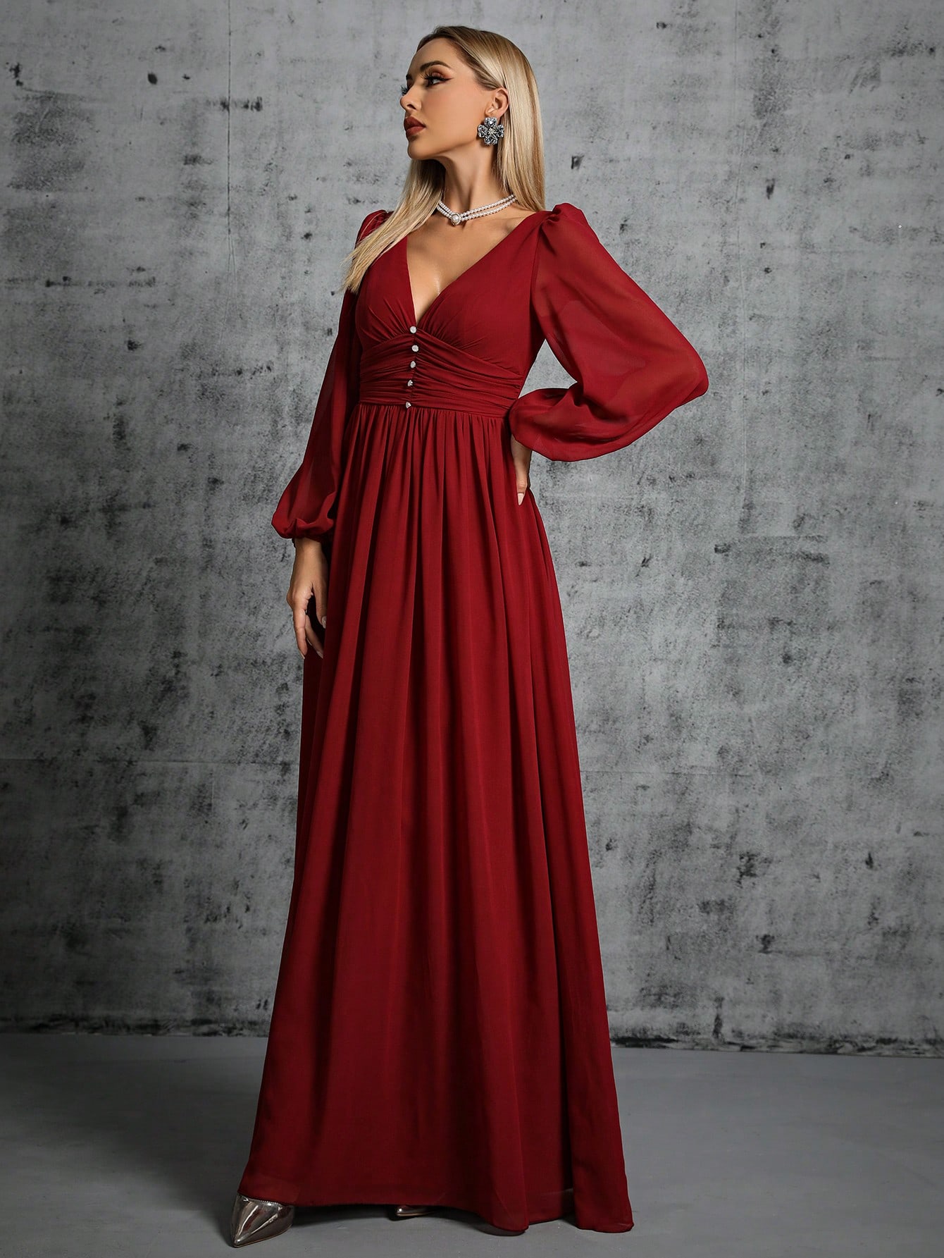 Leely Women's Elegant V Neck Bishop Sleeve A line Dress