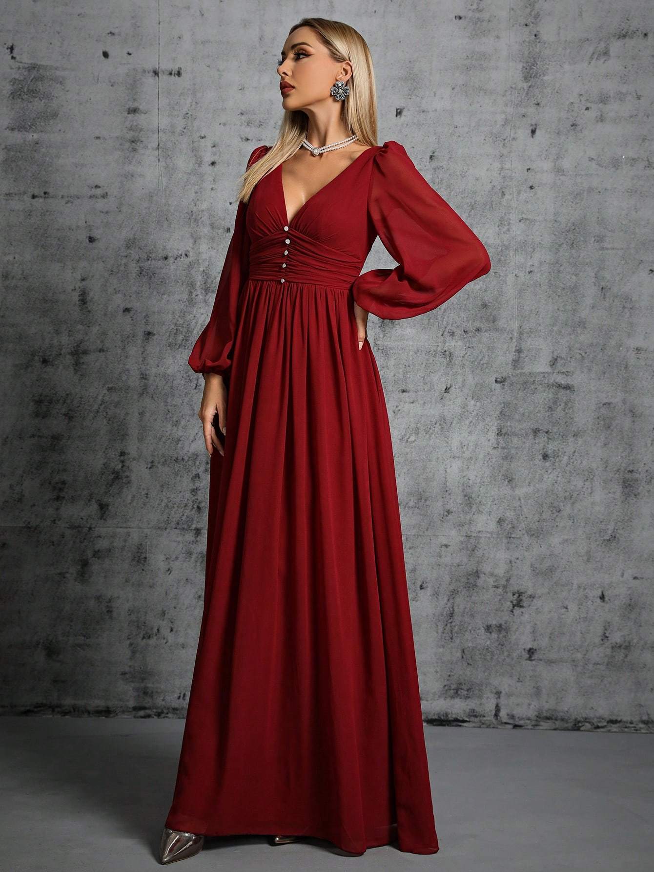 Leely Women's Elegant V Neck Bishop Sleeve A line Dress