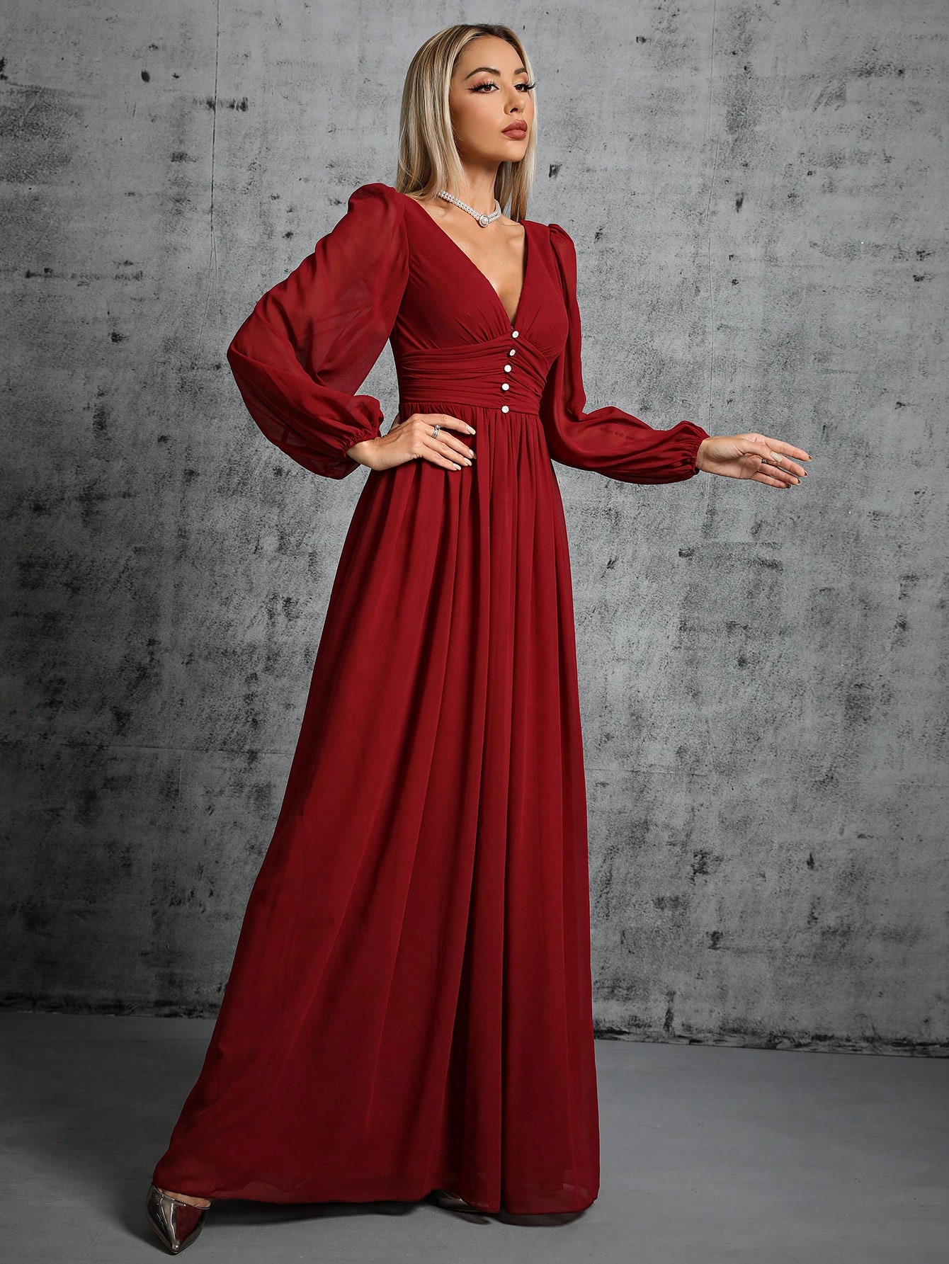 Leely Women's Elegant V Neck Bishop Sleeve A line Dress