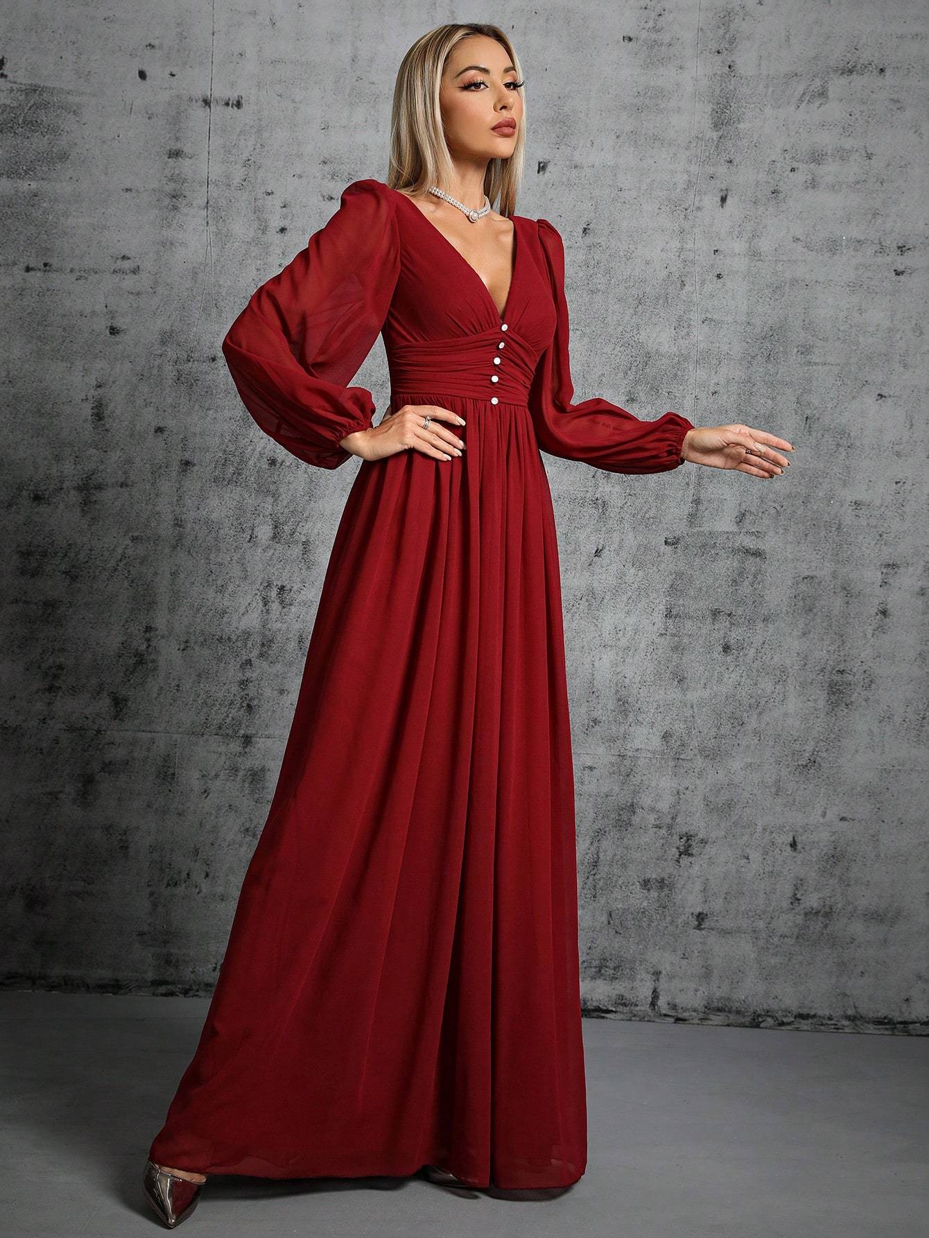 Leely Women's Elegant V Neck Bishop Sleeve A line Dress