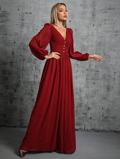 Leely Women's Elegant V Neck Bishop Sleeve A line Dress