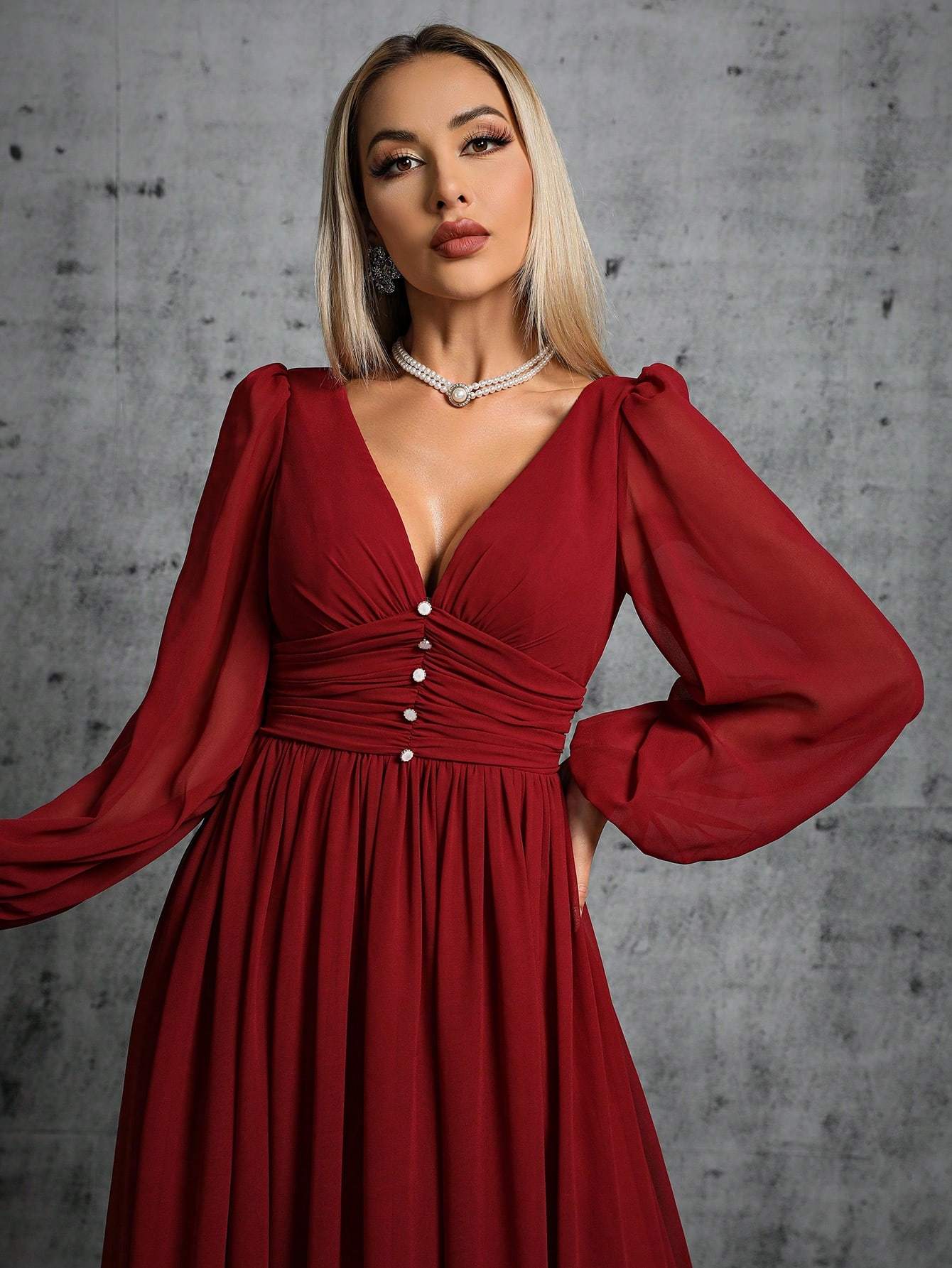 Leely Women's Elegant V Neck Bishop Sleeve A line Dress