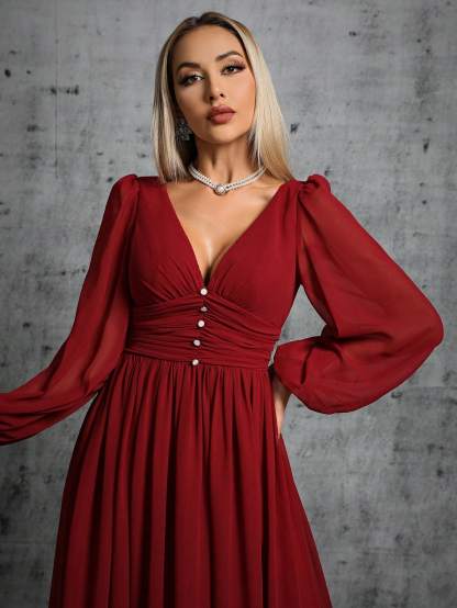 Leely Women's Elegant V Neck Bishop Sleeve A line Dress