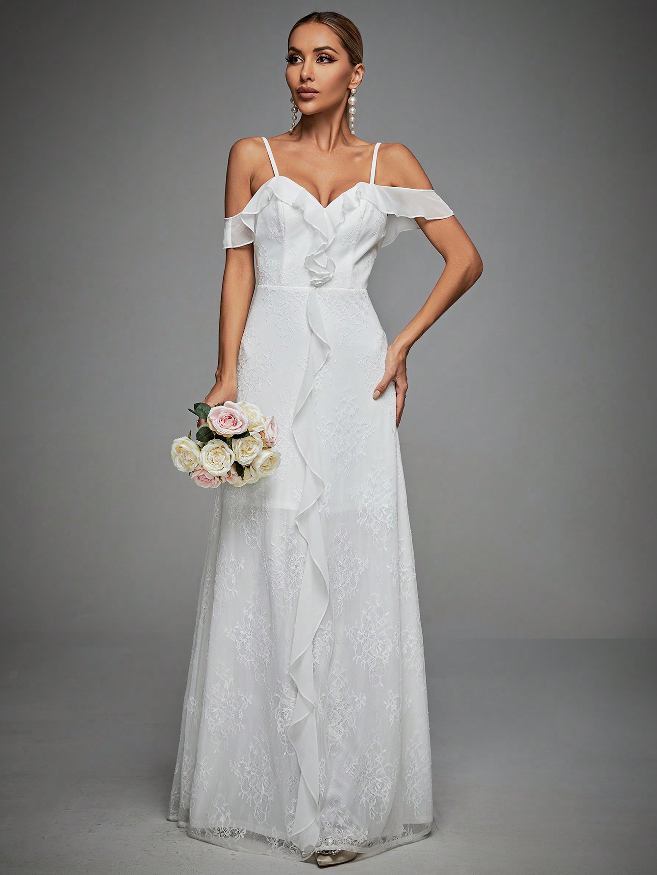 Leely Women's Elegant Spaghetti Straps Cold Shoulder Wedding Dress