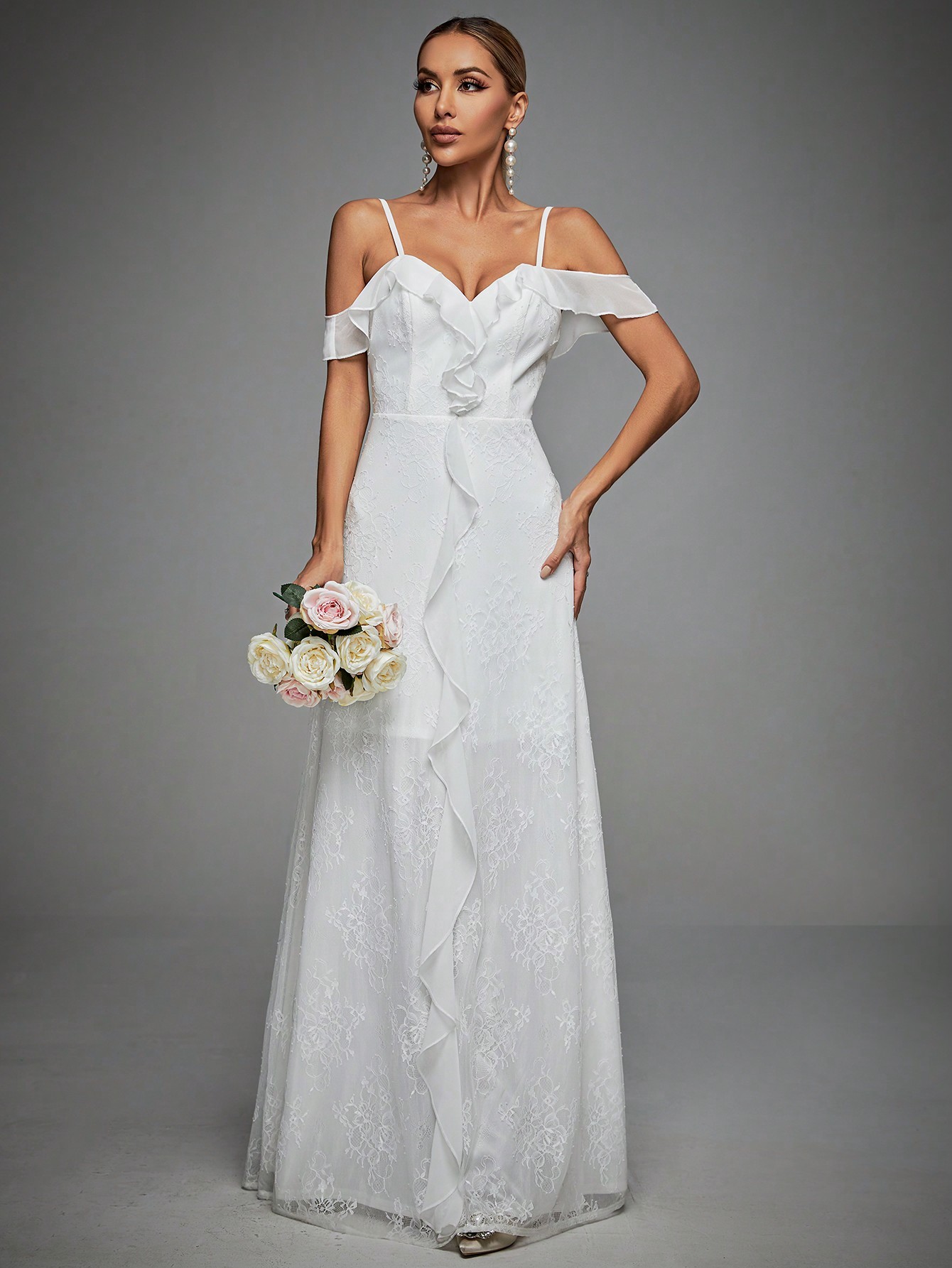 Leely Women's Elegant Sweetheart Cloak Sleeve Lace A-Line Dress