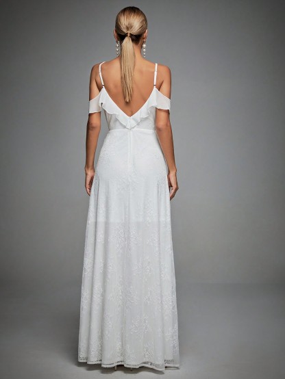 Leely Women's Elegant Spaghetti Straps Cold Shoulder Wedding Dress
