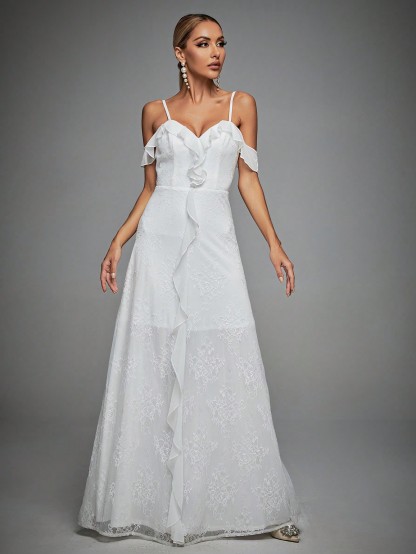 Leely Women's Elegant Spaghetti Straps Cold Shoulder Wedding Dress