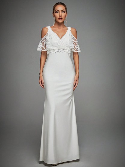 Leely Elegant V Neck Cold Shoulder Mermaid Wedding Dress