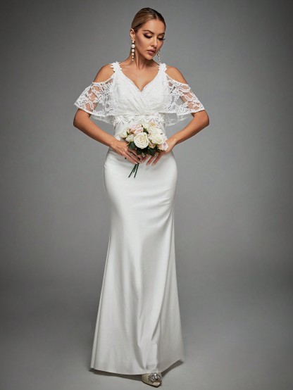 Leely Elegant V Neck Cold Shoulder Mermaid Wedding Dress
