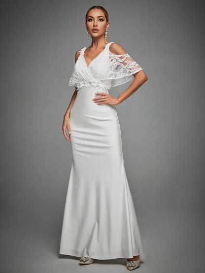 Leely Elegant V Neck Cold Shoulder Mermaid Wedding Dress