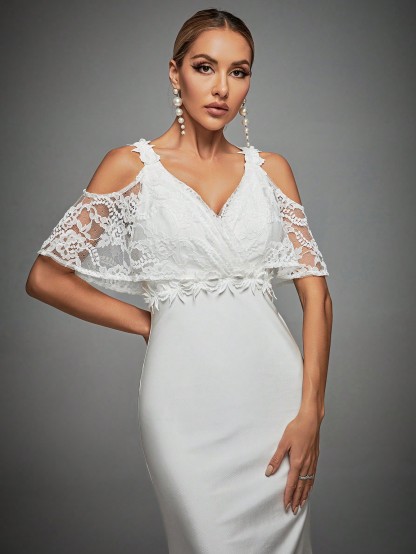 Leely Elegant V Neck Cold Shoulder Mermaid Wedding Dress