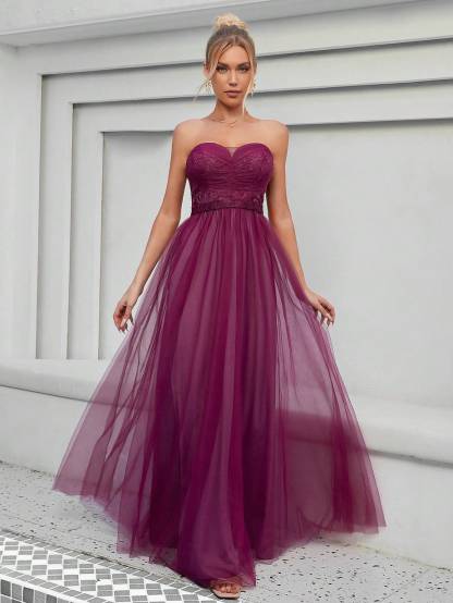 Leely Elegant Strapless Sleeveless Tulle Party Dress