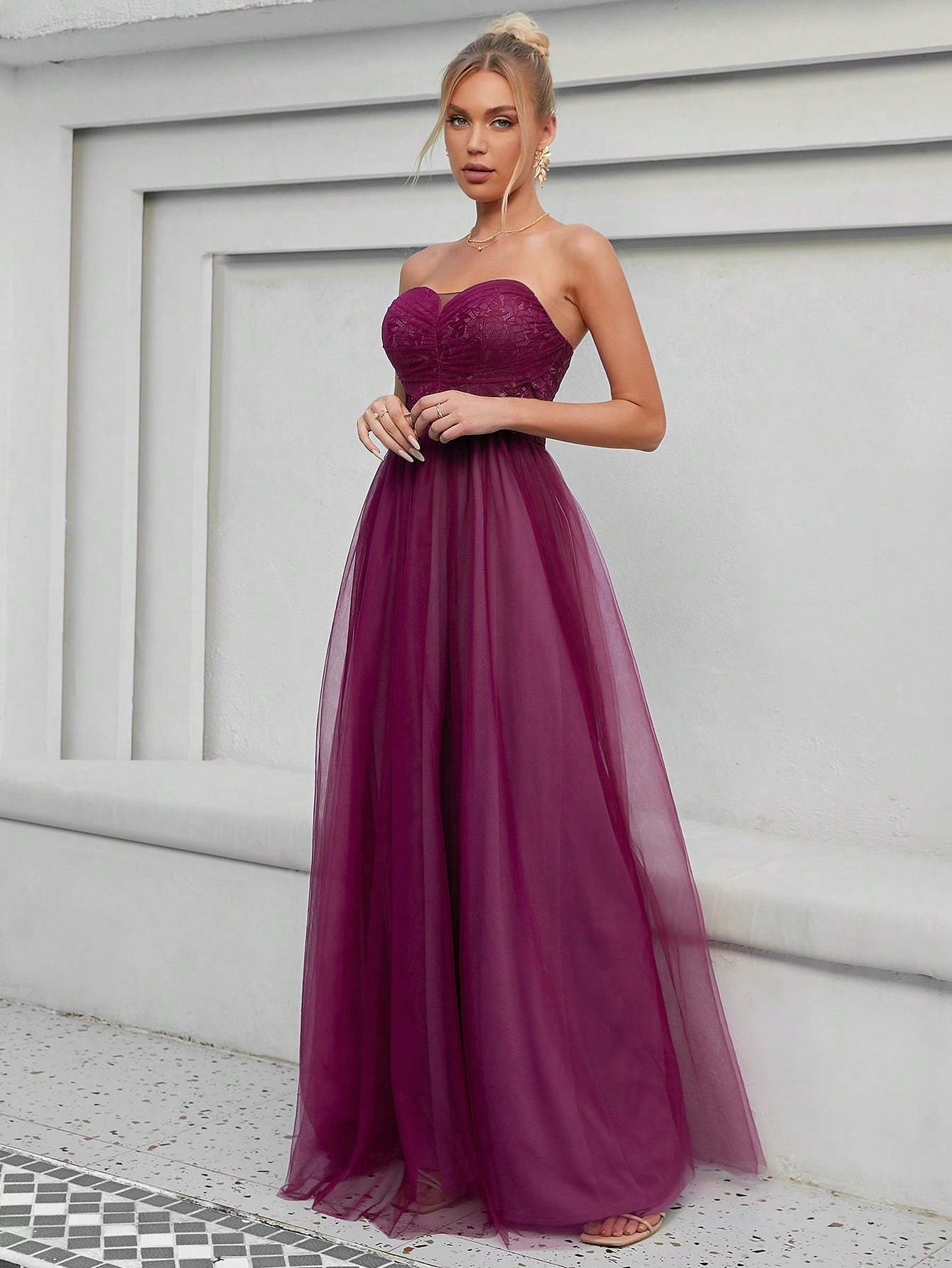 Leely Elegant Strapless Sleeveless Tulle Party Dress