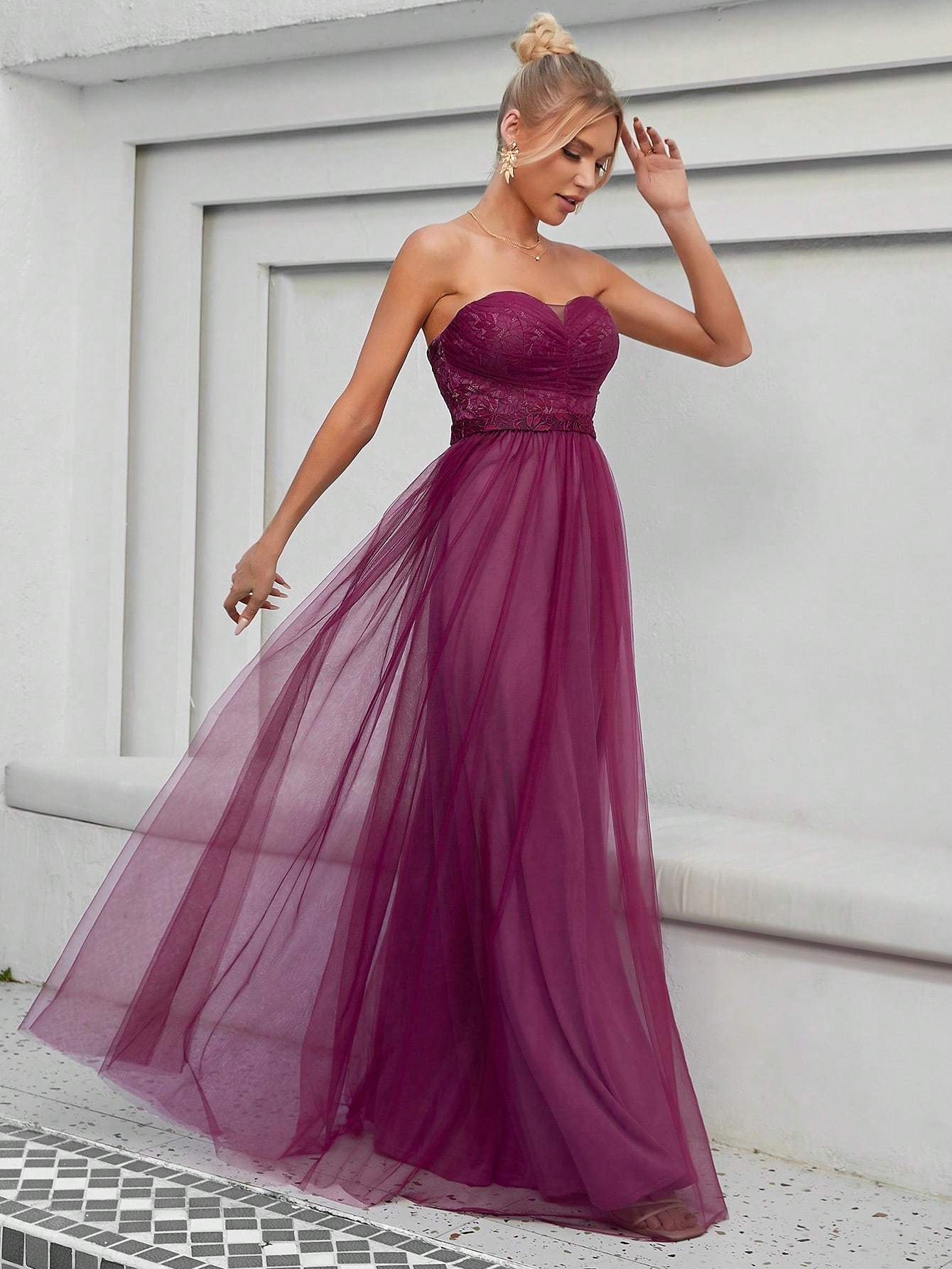 Leely Elegant Strapless Sleeveless Tulle Party Dress