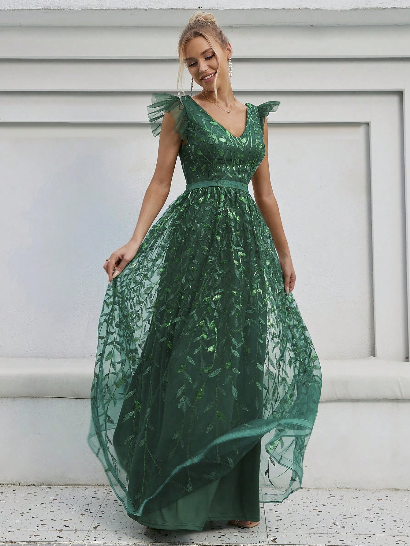 Leely Elegant V Neck Flounce Sleeve A-line Party Dress
