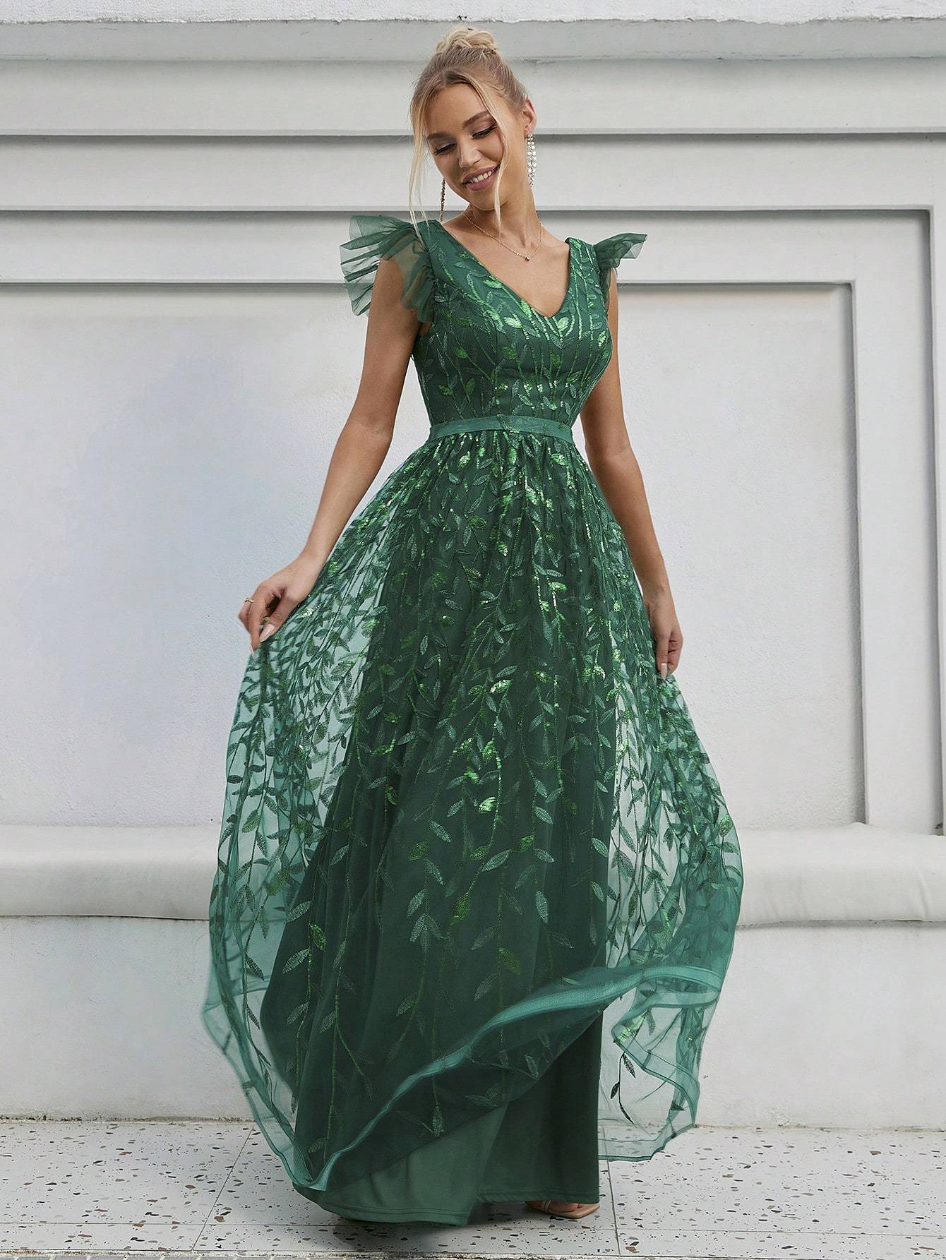 Leely Elegant V Neck Flounce Sleeve A-line Party Dress