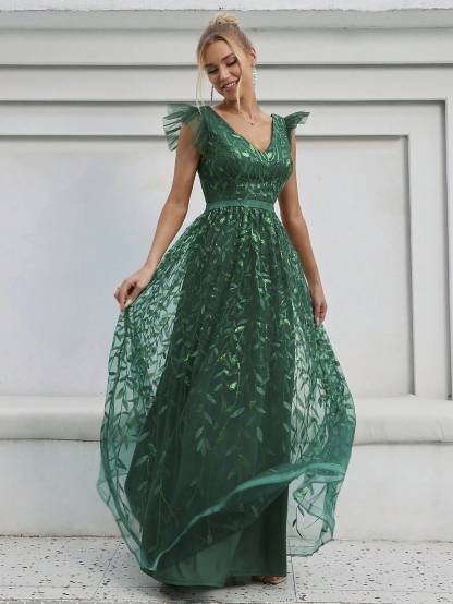 Leely Elegant V Neck Flounce Sleeve A-line Party Dress