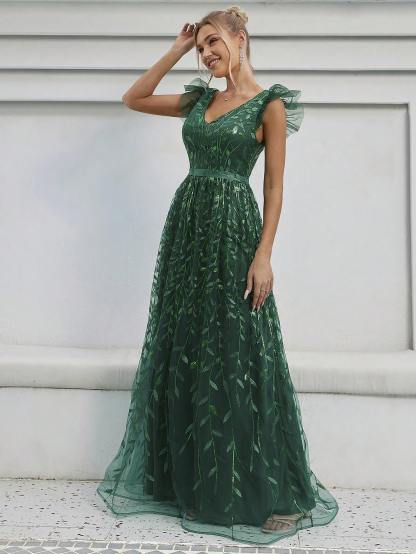 Leely Elegant V Neck Flounce Sleeve A-line Party Dress