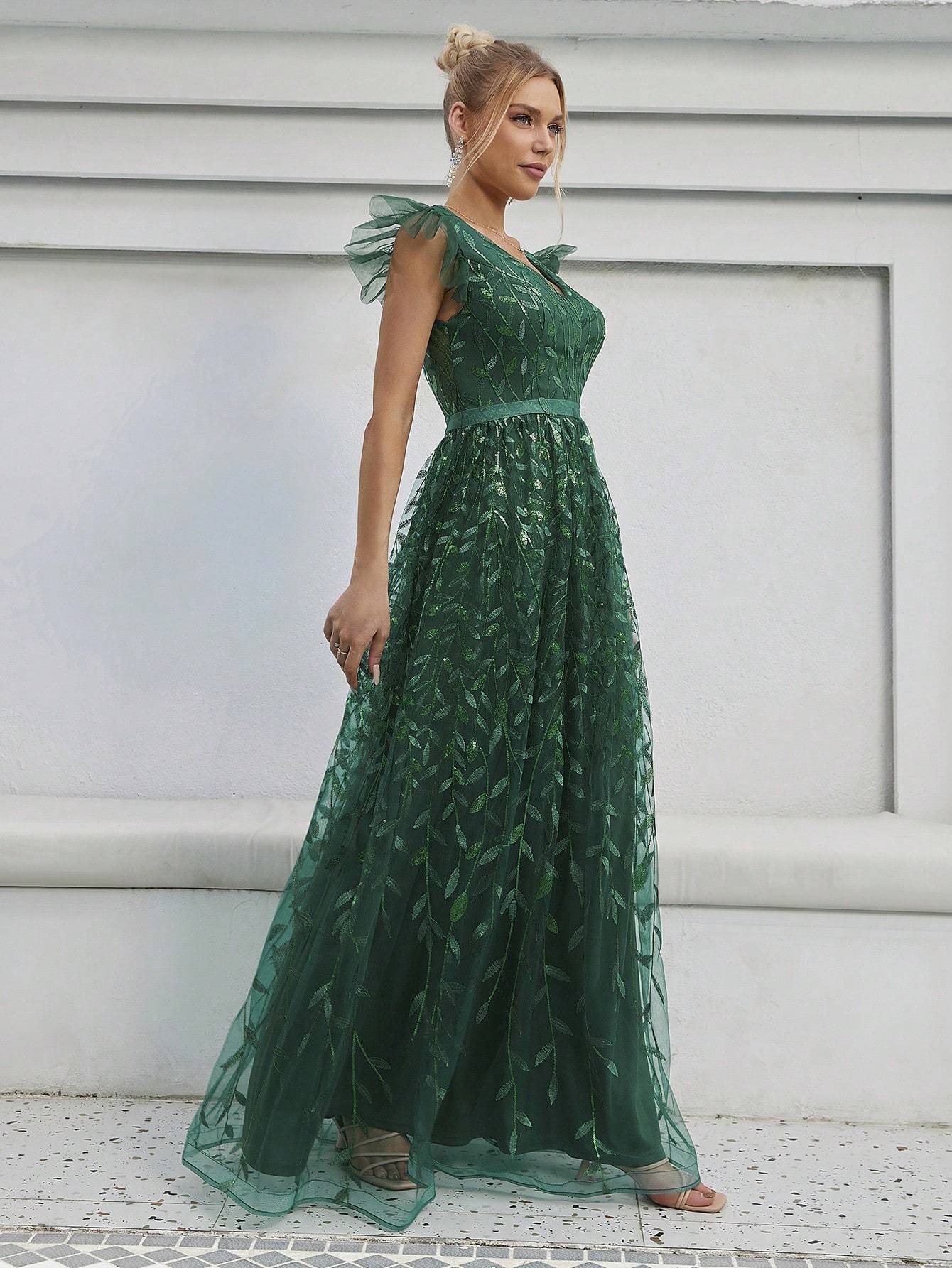 Leely Elegant V Neck Flounce Sleeve A-line Party Dress