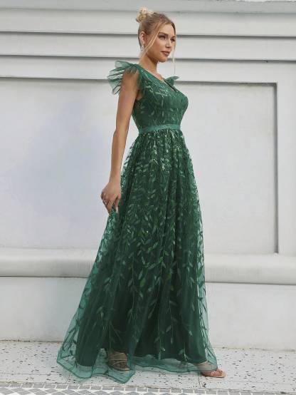 Leely Elegant V Neck Flounce Sleeve A-line Party Dress