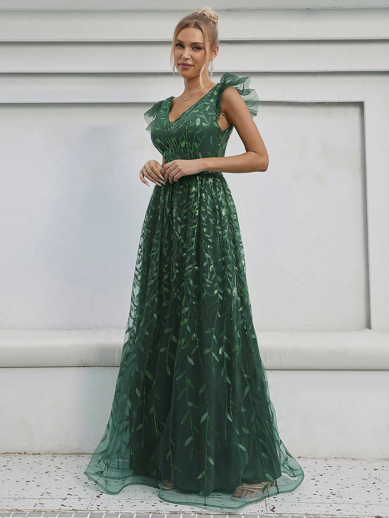 Leely Elegant V Neck Flounce Sleeve A-line Party Dress