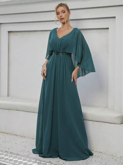 Leely Elegant V Neck Cloak Sleeve A-line Party Dress