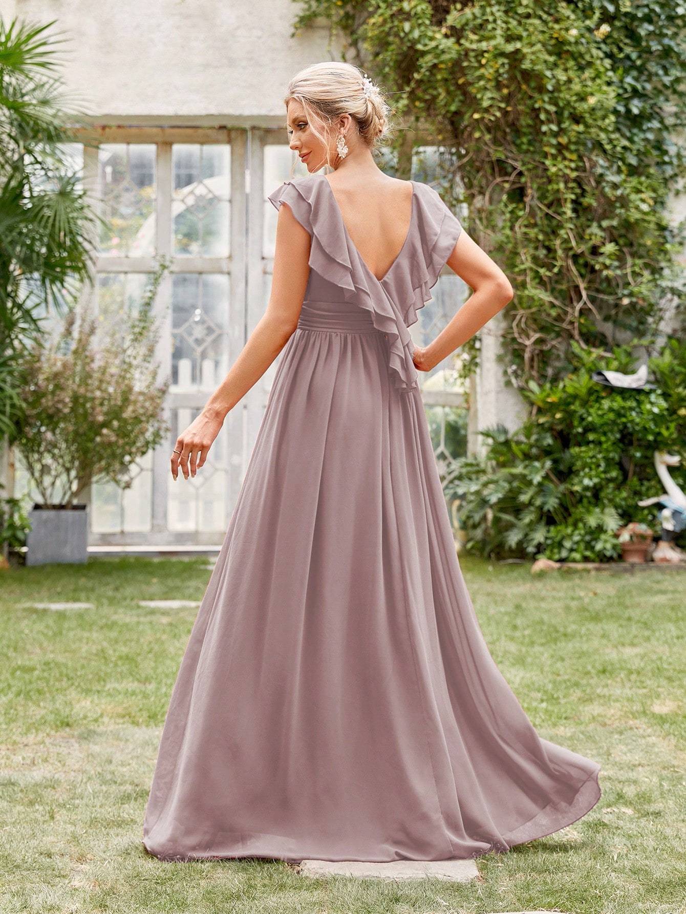 Leely Elegant V Neck Flounce Sleeve A-line Party Dress
