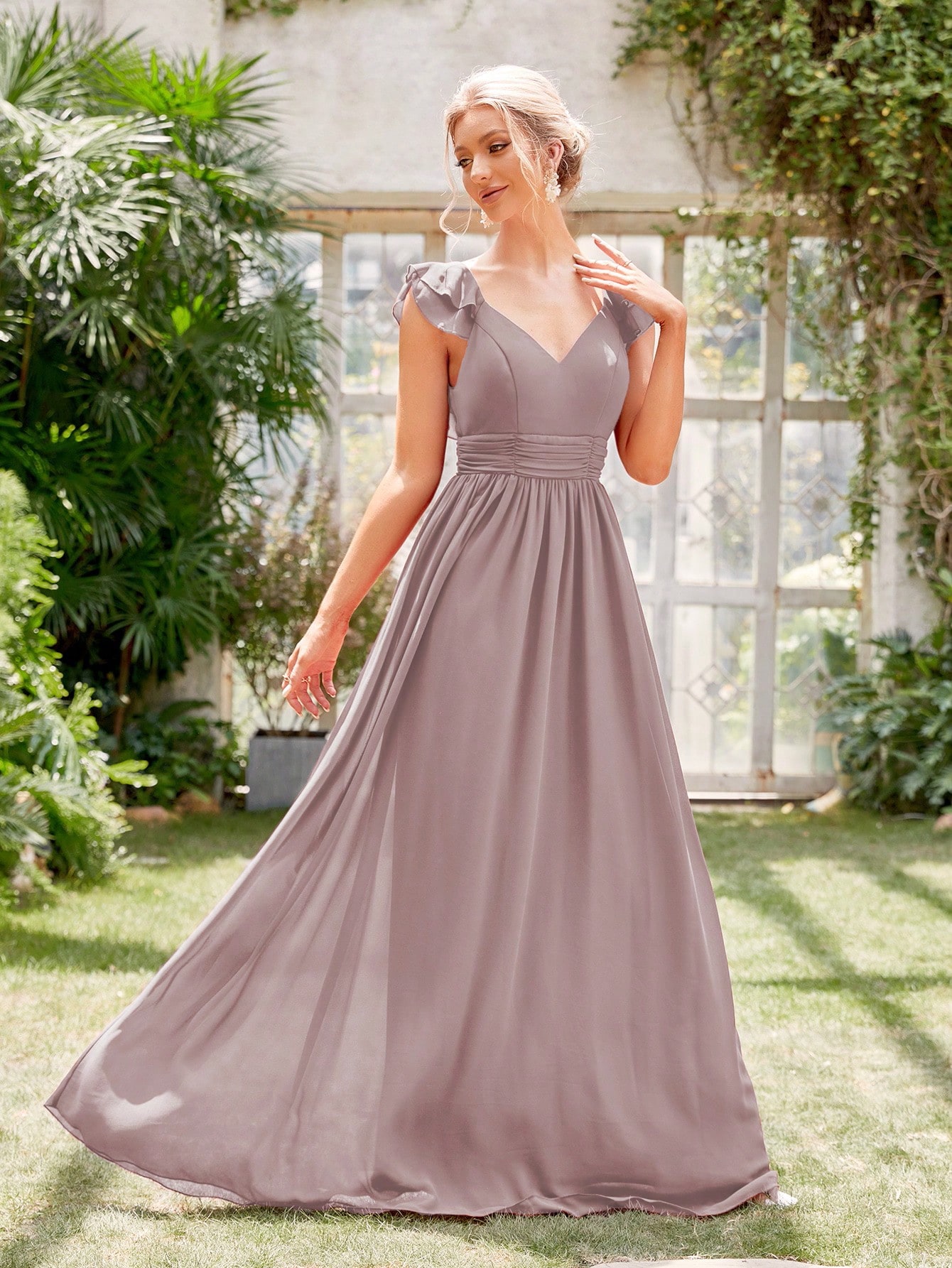 Leely Elegant V Neck Flounce Sleeve A-line Party Dress