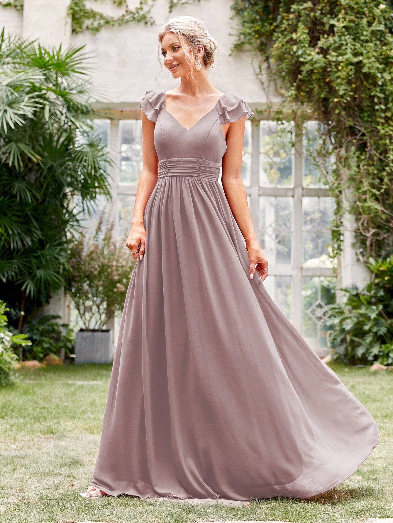 Leely Elegant V Neck Flounce Sleeve A-line Party Dress