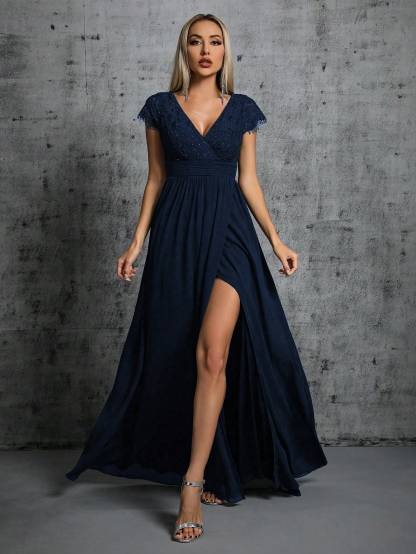 Leely Elegant V Neck Cap Sleeve A-line Party Dress