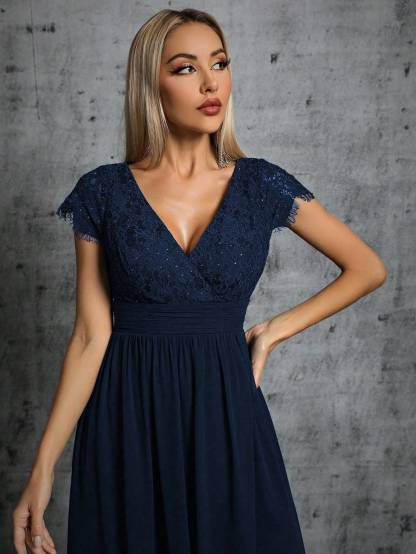 Leely Elegant V Neck Cap Sleeve A-line Party Dress