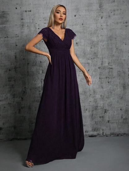 Leely Elegant V Neck Cap Sleeve A-line Party Dress