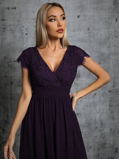 Leely Elegant V Neck Cap Sleeve A-line Party Dress