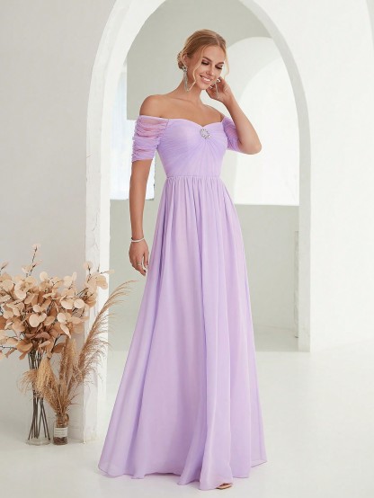 Leely Elegant Off The Shoulder Short Sleeve Chiffon Party Dress