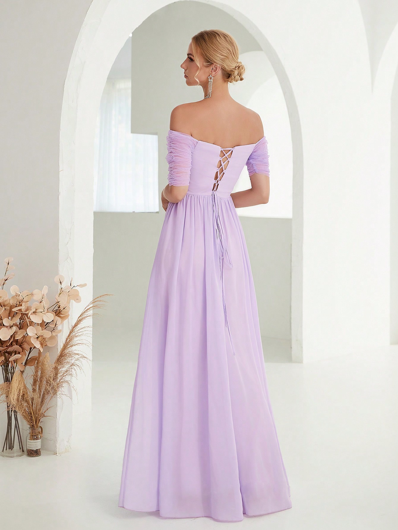Leely Elegant Off The Shoulder Short Sleeve Chiffon Party Dress