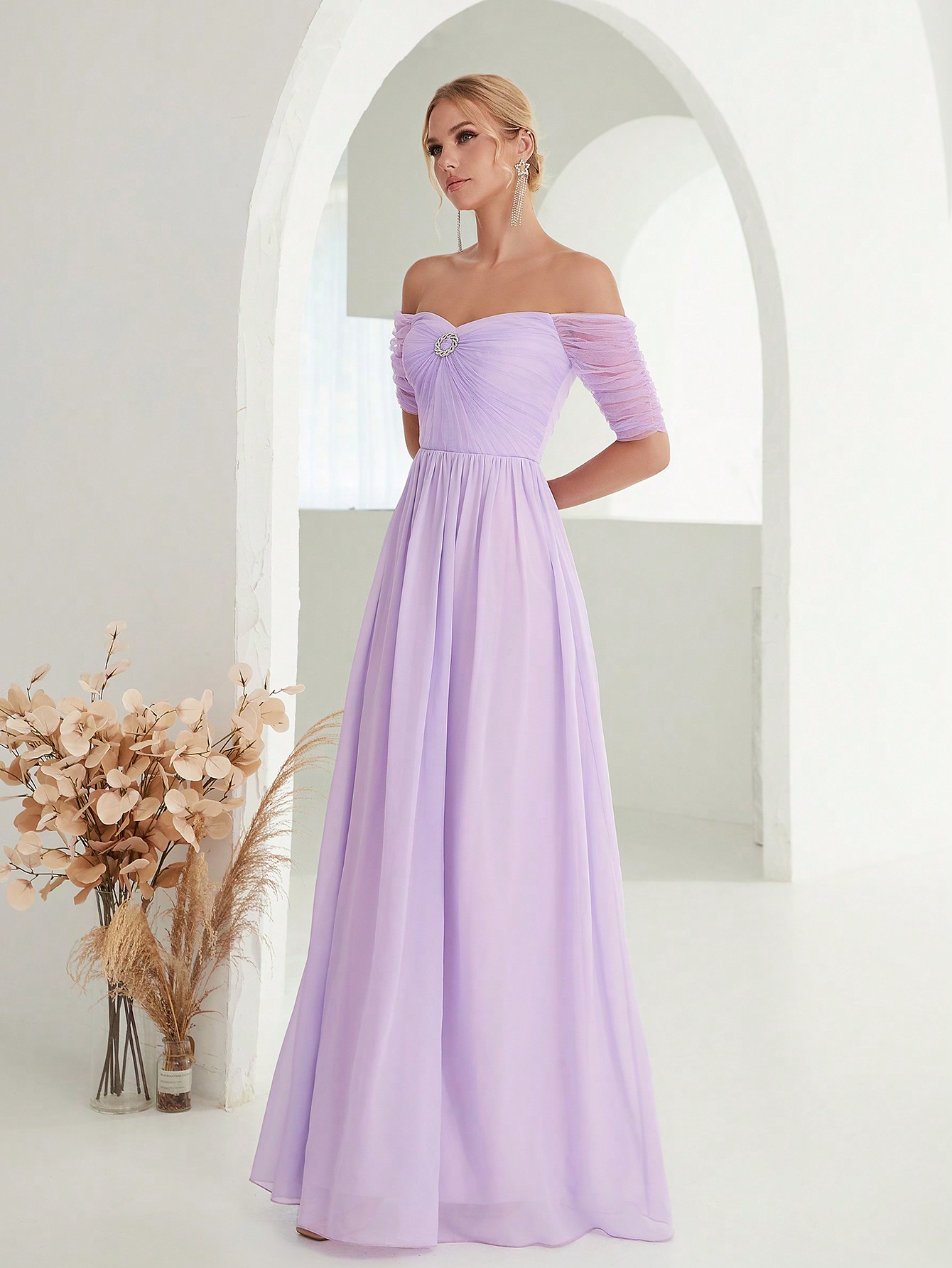Leely Elegant Off The Shoulder Short Sleeve Chiffon Party Dress