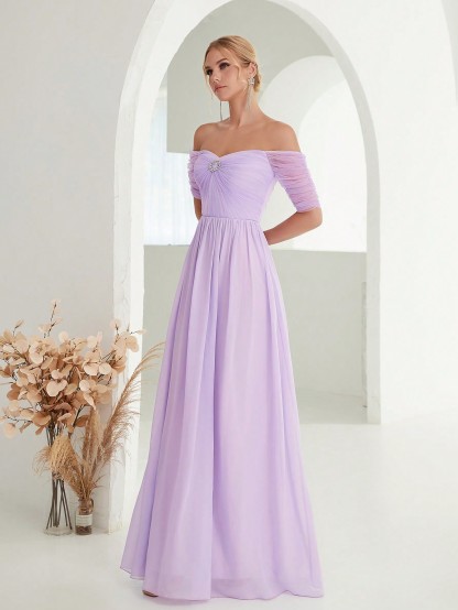 Leely Elegant Off The Shoulder Short Sleeve Chiffon Party Dress