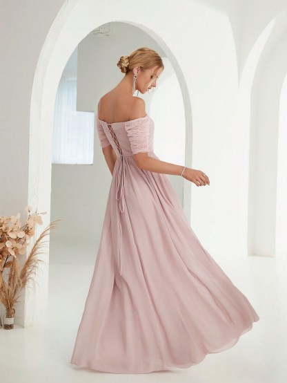 Leely Elegant Off The Shoulder Short Sleeve Chiffon Party Dress