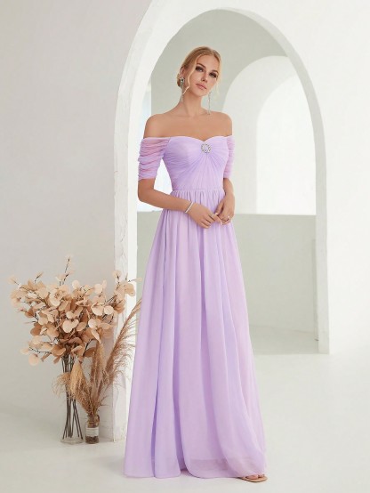 Leely Elegant Off The Shoulder Short Sleeve Chiffon Party Dress