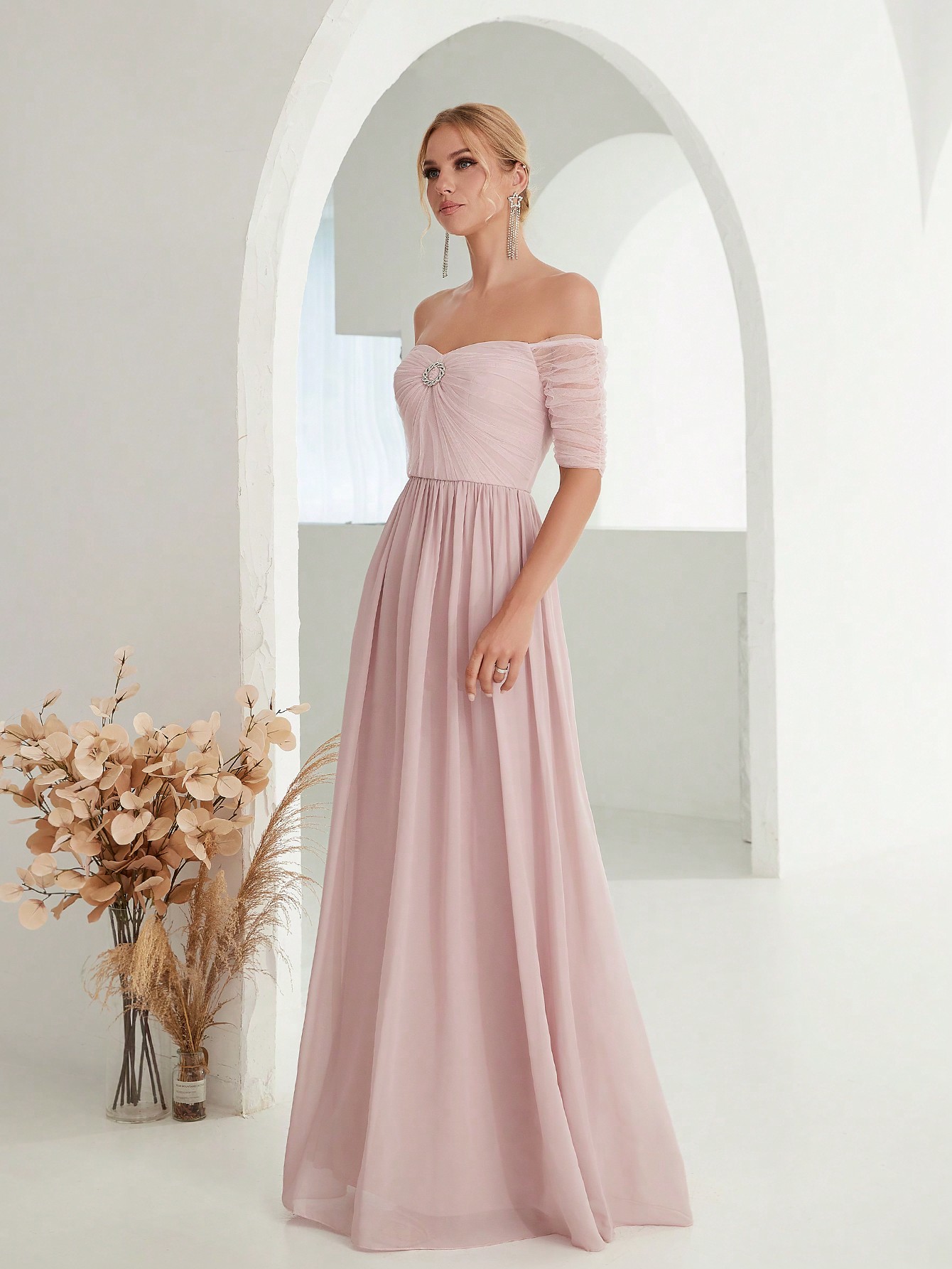 Leely Elegant Off The Shoulder Short Sleeve Chiffon Party Dress